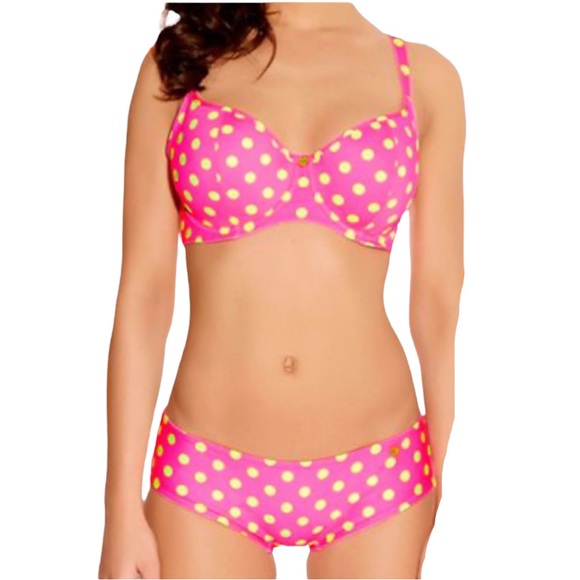 Freya Other - Freya Bon Bon Neon Pink Yellow Polka Dot Bikini Swimsuit 34G Top/Med Bottoms